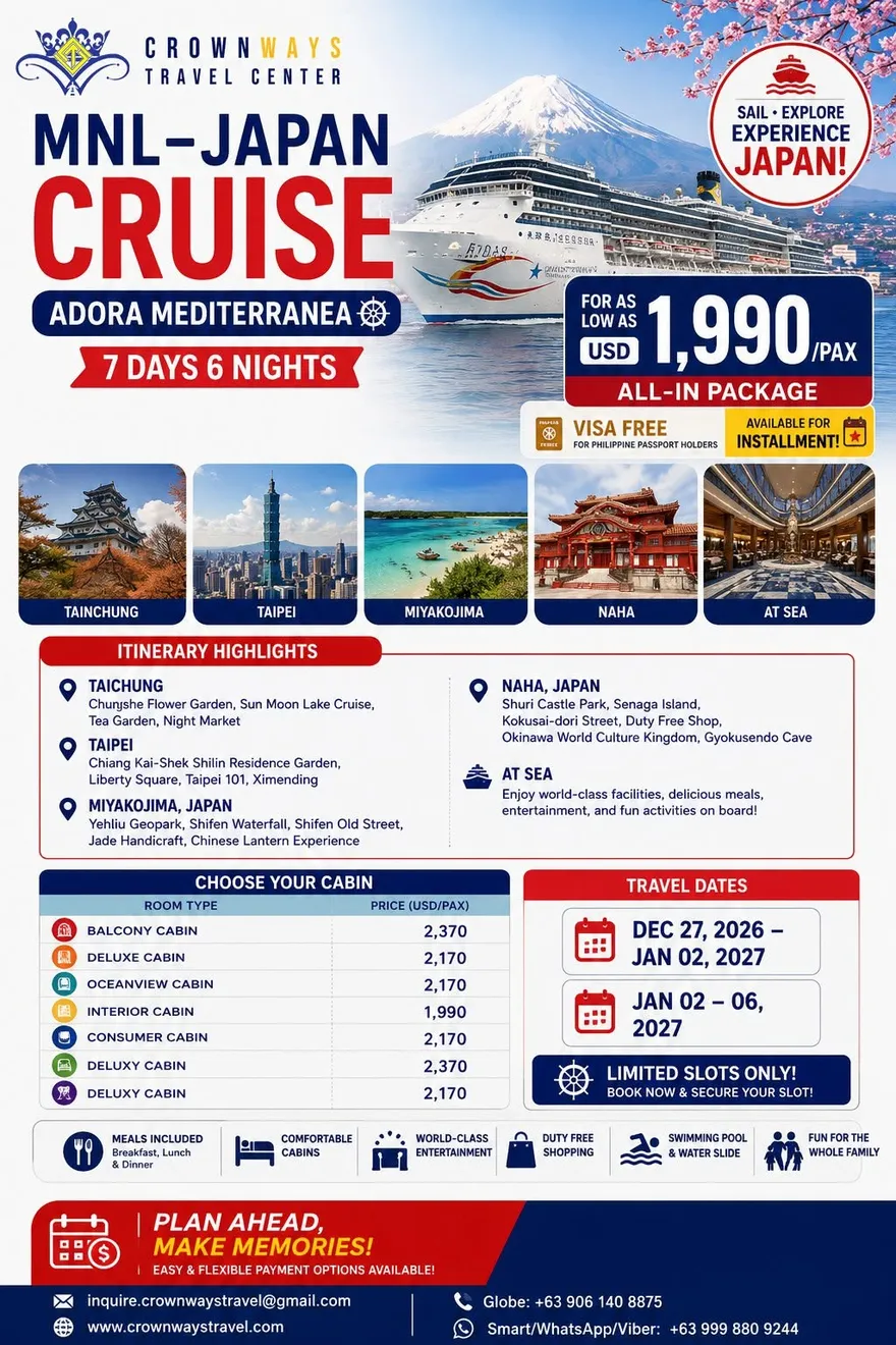 Manila – Japan Cruise: Adora Mediterranea poster — Taiwan & Okinawa, Japan (from Manila)