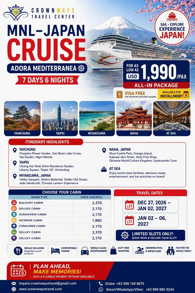 Manila – Japan Cruise: Adora Mediterranea poster — Taiwan & Okinawa, Japan (from Manila)