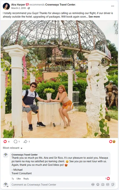 Screenshot of Aira Harper's Facebook recommendation of Crownways Travel Center