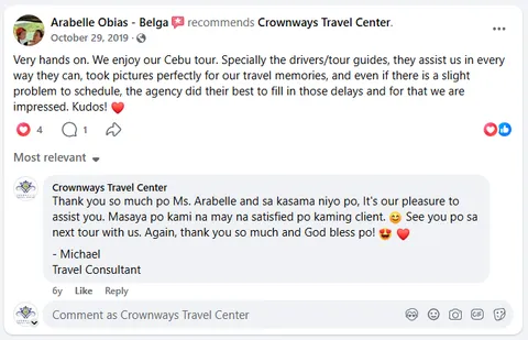 Screenshot of Arabelle Obias-Belga's Facebook recommendation of Crownways Travel Center