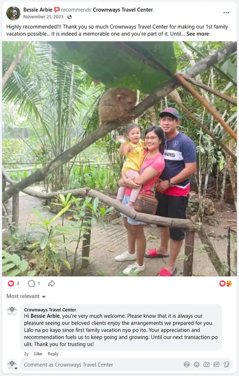 Screenshot of Bessie Arbie's Facebook recommendation of Crownways Travel Center