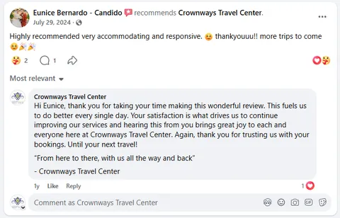Screenshot of Eunice Bernardo-Candido's Facebook recommendation of Crownways Travel Center