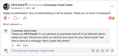 Screenshot of HR B Kawit's Facebook recommendation of Crownways Travel Center