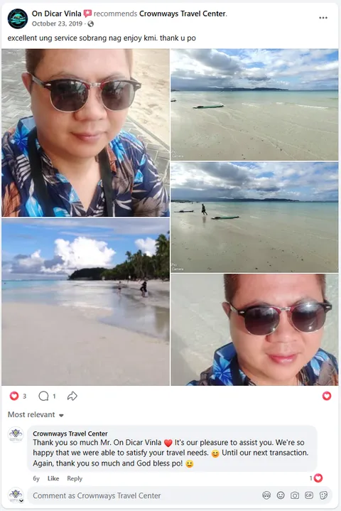 Screenshot of On Dicar Vinla's Facebook recommendation of Crownways Travel Center