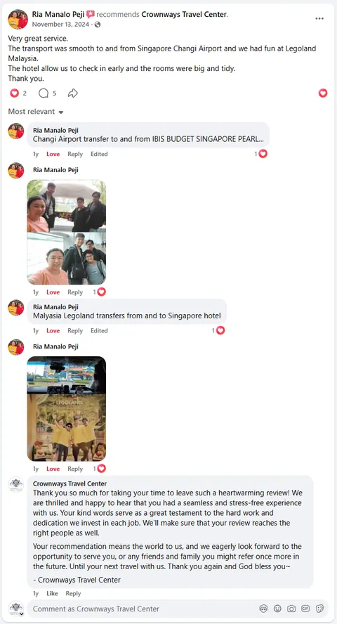 Screenshot of Ria Manalo Peji's Facebook recommendation of Crownways Travel Center