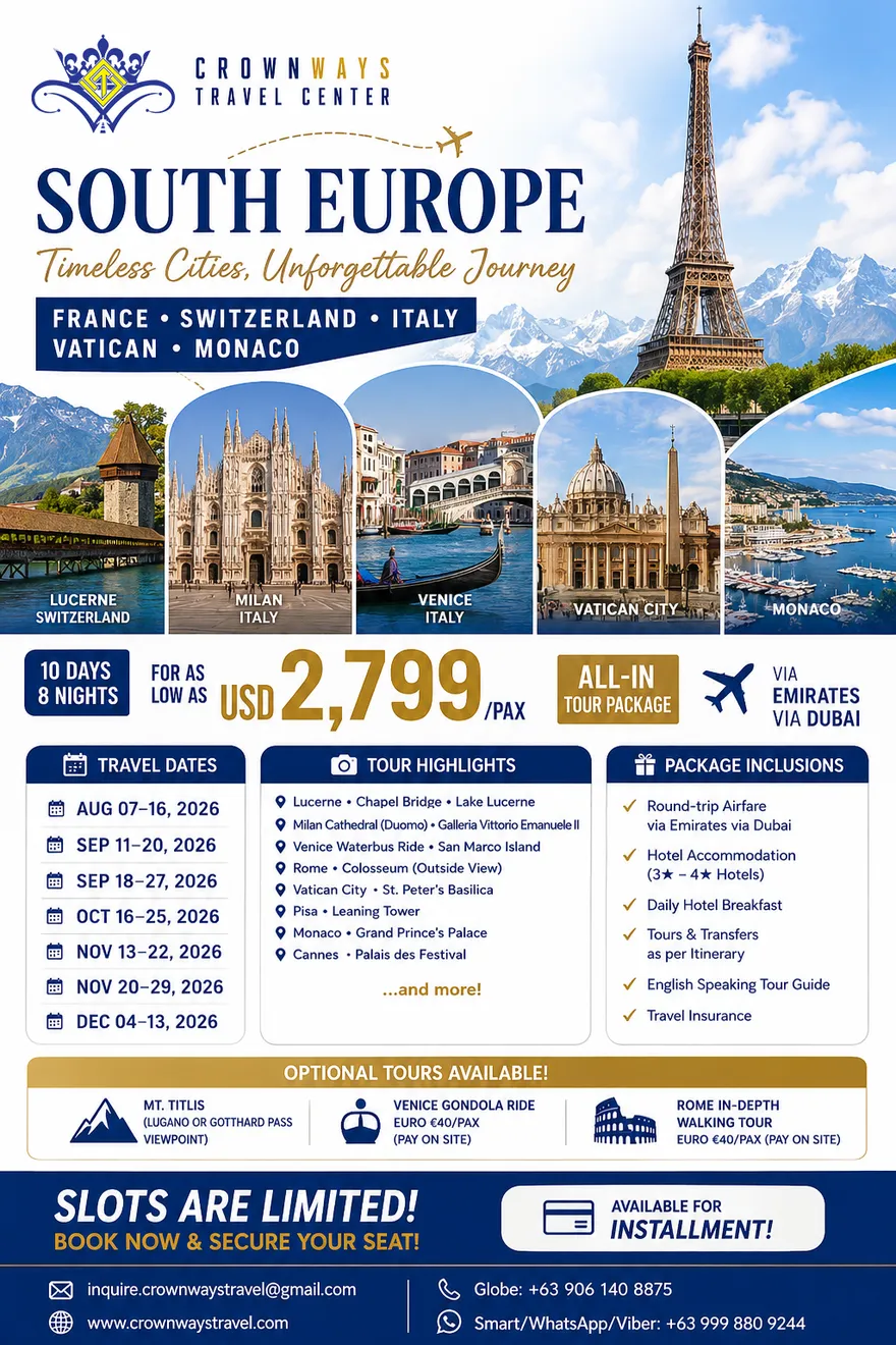 South Europe All-In Tour poster — France · Switzerland · Italy · Vatican · Monaco